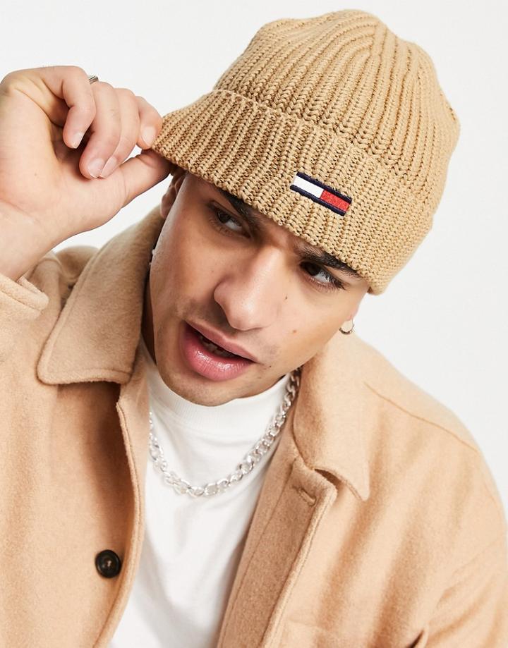 Tommy Jeans Basic Rib Beanie In Beige-neutral