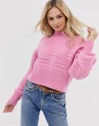 Asos Design Fluffy Sweater In Graphic Stitch-pink