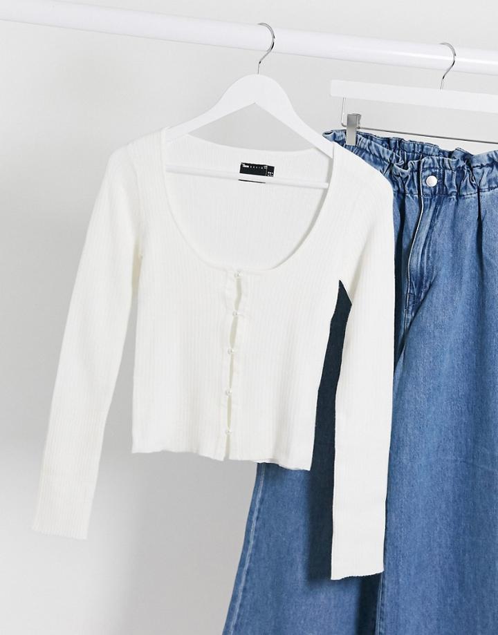 Asos Design Ribbed Knit Button-through Cardi Top-white