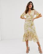 Hope & Ivy Plunge Front Contrast Print Ruffle Midi Skirt In Multi Floral - Multi