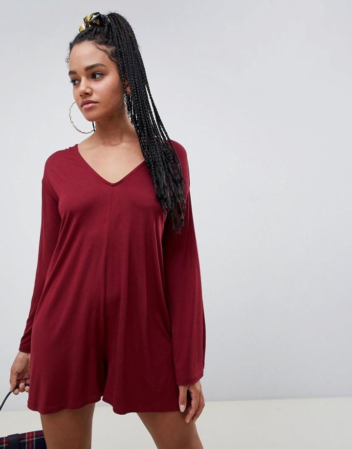 Asos Design Swing Romper With Fluted Sleeve - Red