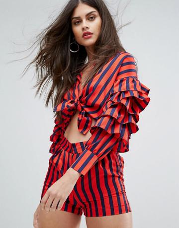 Non-blonde Ruffle Sleeve Top Co-ord - Red