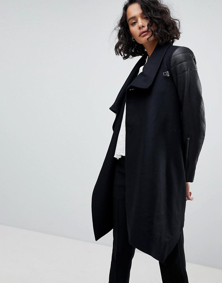 Allsaints Pea Coat With Leather Sleeves - Black