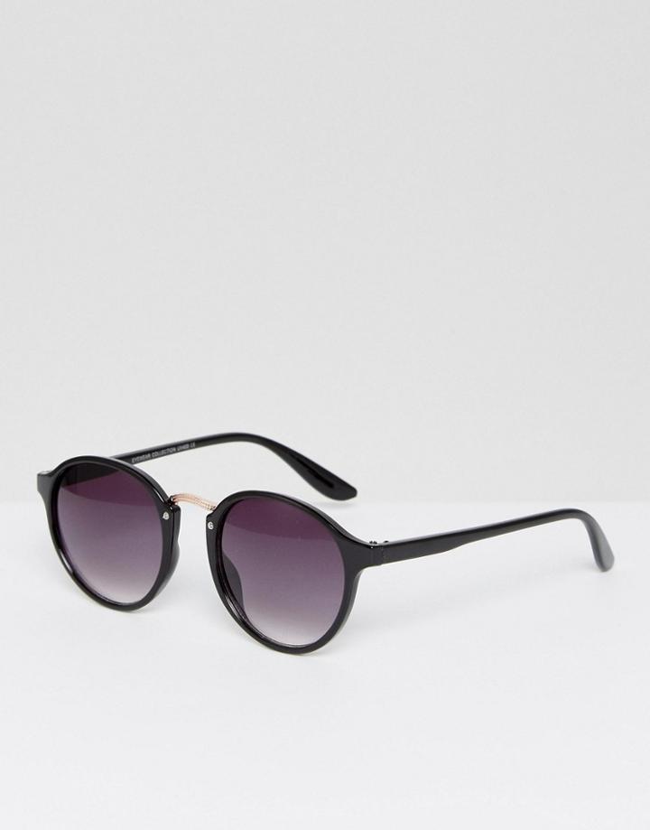 7x Rose Gold Bar Detail Round Sunglasses - Black