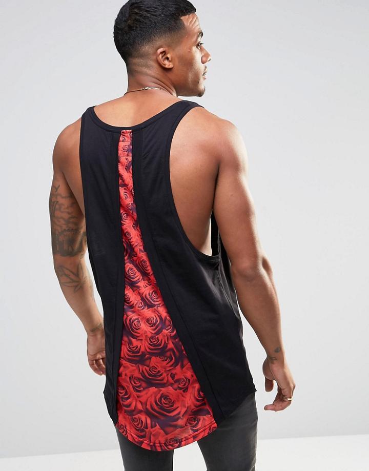 Siksilk Longline Tank With Curved Hem And Split Back Rose Detail - Black