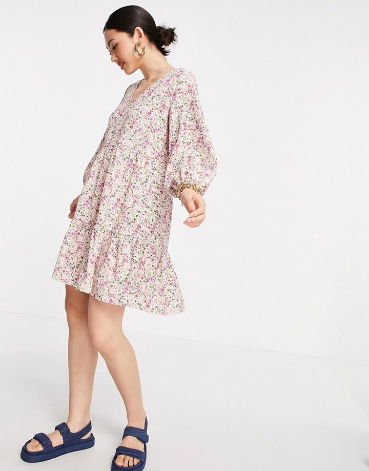 Mango V-neck Mini Smock Dress In Pink Ditsy Floral