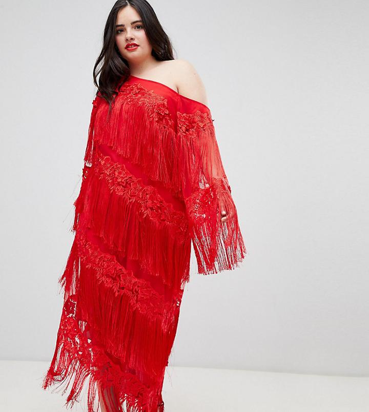 Asos Edition Curve Embroidered One Shoulder Fringe Midi Dress - Red