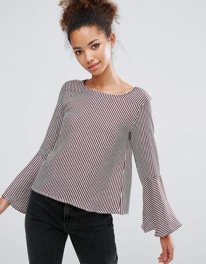 Pull & Bear Stripe Frill Sleeve Top - Red