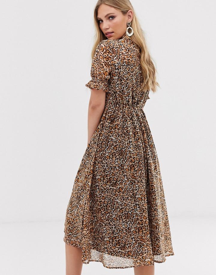Y.a.s Leopard Print Puff Sleeve Midi Dress - Beige