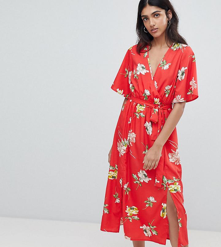 Influence Tall Wrap Midi Dress With Split In Floral Print - Red