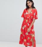 Influence Tall Wrap Midi Dress With Split In Floral Print - Red