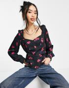 New Look Square Neck Puff Sleeve Blouse In Black Floral Print