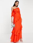 Asos Design Fallen Shoulder Maxi Dress With Bias Ruffle Detail In Red