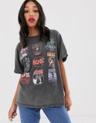 Bershka Acdc T-shirt In Washed Gray