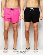 Asos Short Length Swim Shorts 2 Pack In Neon Pink And Black Save 17%