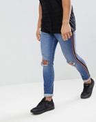 Jaded London Muscle Fit Distressed Jeans With Side Stripe In Mid Wash - Blue