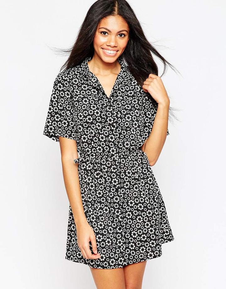 Influence Shirt Dress With Waist Tie In Ditsy Daisy Print - Black