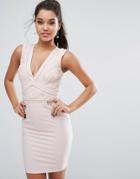 Lipsy Plunge Bodycon Dress With Cornelli Trim - Pink