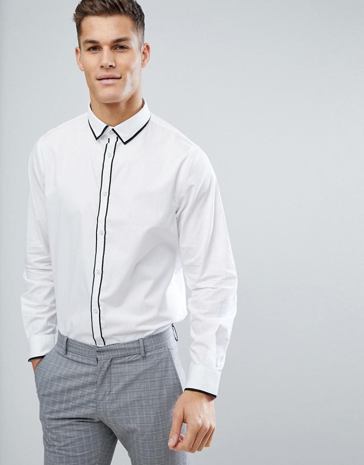 Process Black Contrast Tipped Collar And Placket Slim Fit Shirt - White