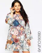 Asos Curve Swing Dress With Kimono Sleeve In 70's Floral Print - Multi