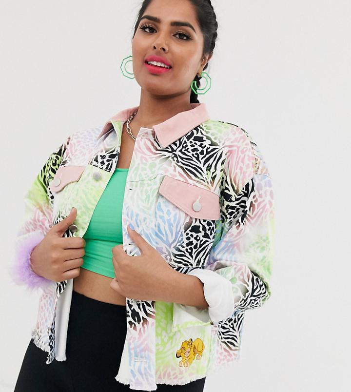 Disney The Lion King X Asos Design Curve Cropped Denim Jacket With Simba Embroidery-multi
