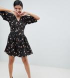 Asos Design Tall Casual Mini Tea Dress In Washed Dark Floral Print-multi