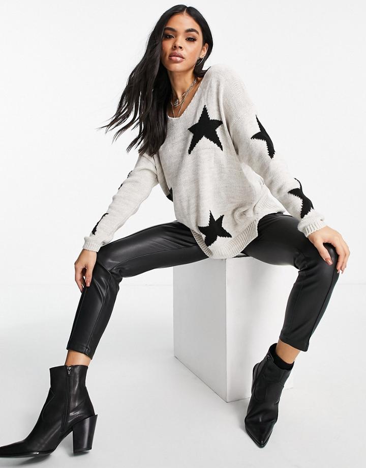 Naanaa Star Print Sweater In Black And Cream-multi