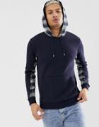 Asos Design Hoodie With Check Sleeve Panels And Hood In Navy - Navy
