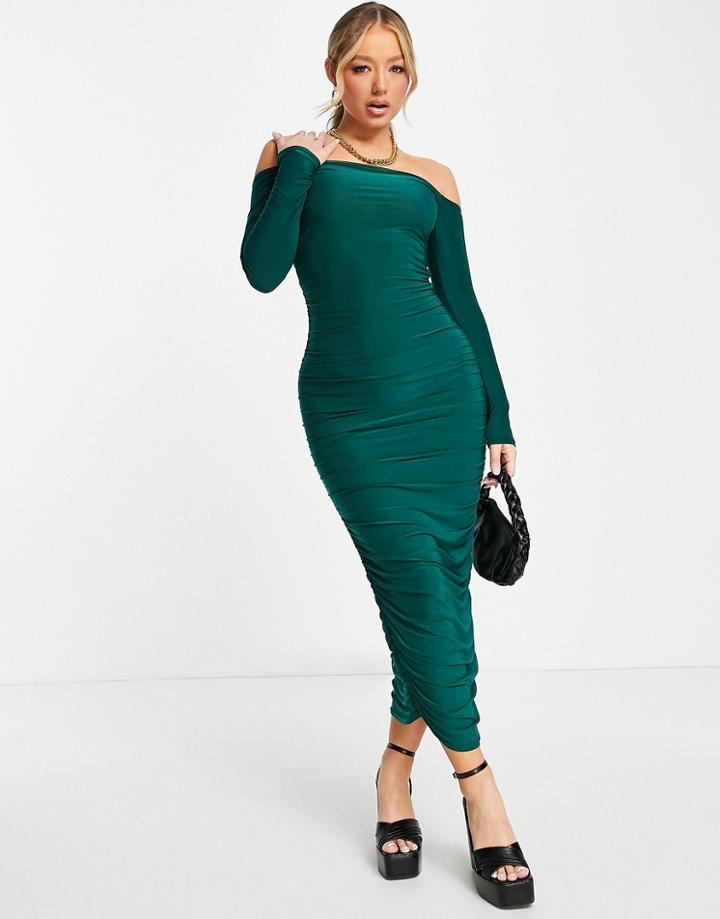 Missguided Bardot Slinky Ruched Midaxi Dress In Deep Green
