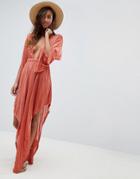 Asos Design Slinky Glam Long Sleeve Plunge Beach Dress - Red