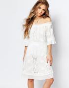 Navy London Off Shoulder Lace Dress - White