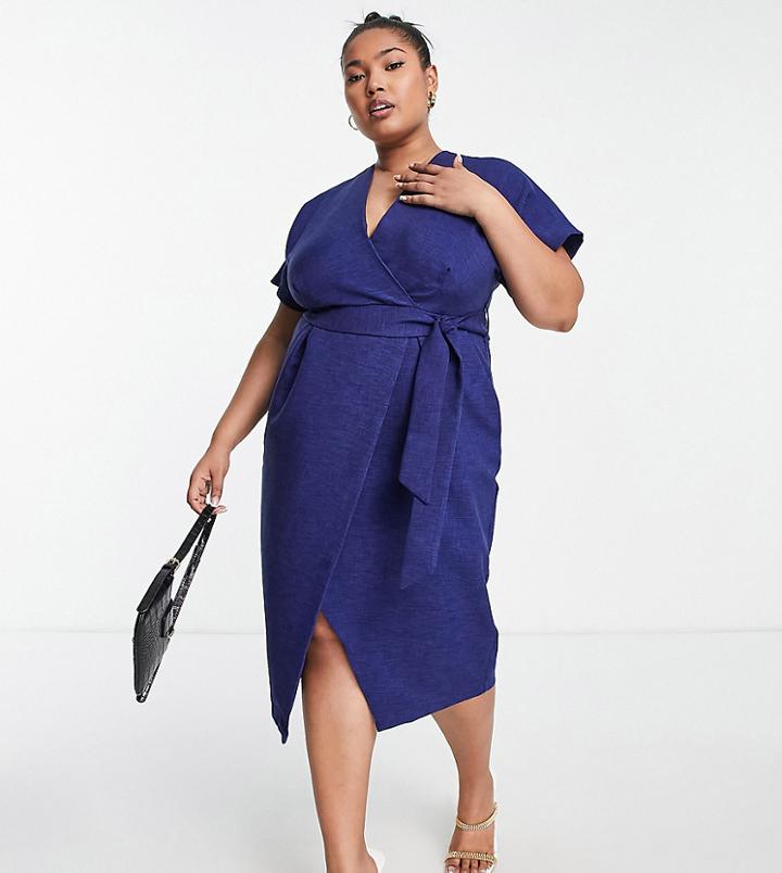 Closet London Plus Kimono Wrap Dress In Navy