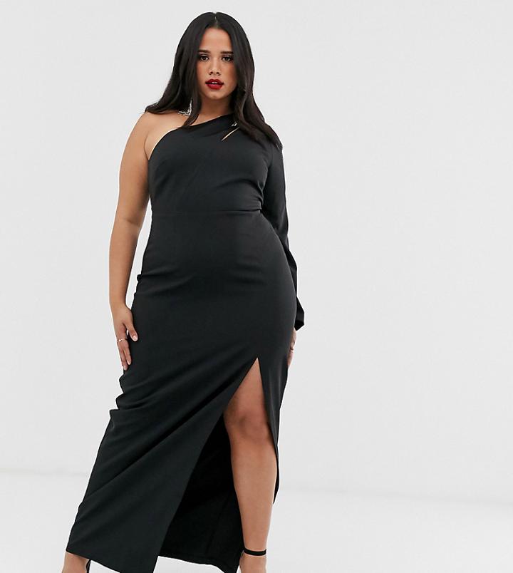 Vesper Curve One Shoulder Maxi Dress With Split And Cut Out In Black - Black