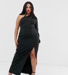 Vesper Curve One Shoulder Maxi Dress With Split And Cut Out In Black - Black