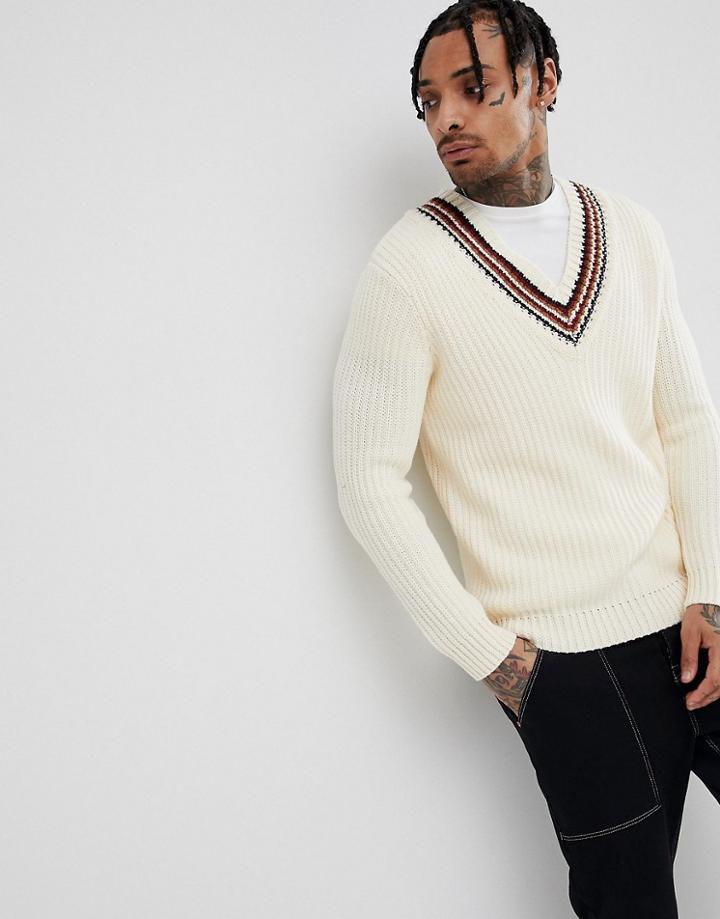Asos Design Knitted V-neck Sweater With Stripes In Beige - Beige