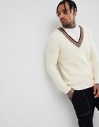 Asos Design Knitted V-neck Sweater With Stripes In Beige - Beige