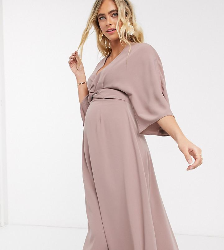 Asos Design Maternity Batwing Twist Front Midi Skater Dress In Mink-pink