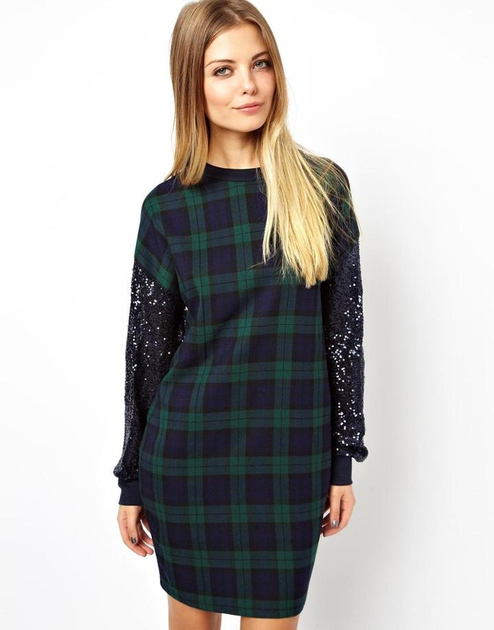 Asos Sequin Sleeve Plaid  T-shirt Dress