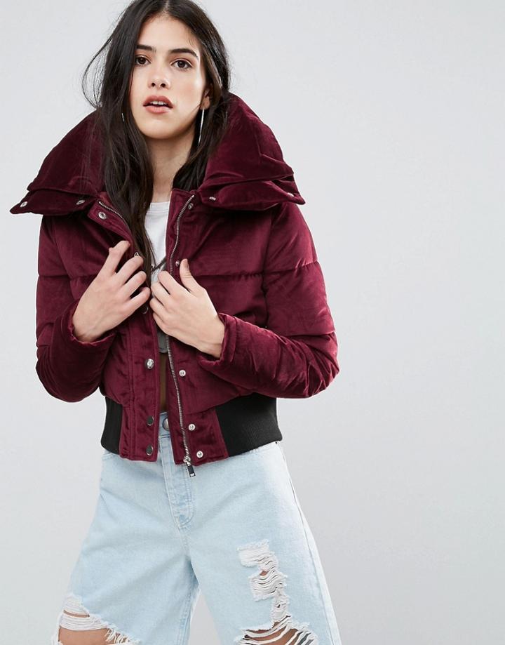 Missguided Velvet Cropped Padded Coat - Red