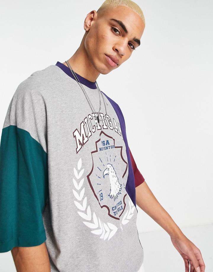 Asos Design Oversized T-shirt In Multi Color Block With Michigan Print-gray