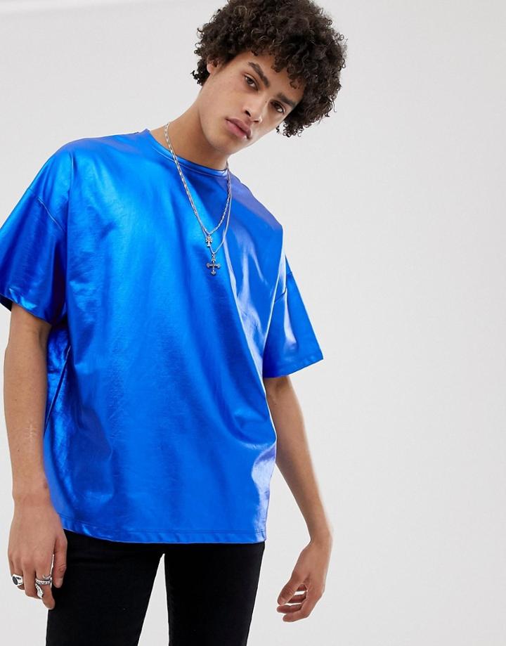 Asos Design Festival Oversized T-shirt In Blue Metallic Fabric