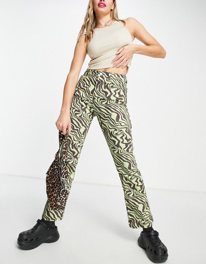 Asos Design Mid Rise Exaggerated Flare Jeans In Lime And Chocolate Zebra Print-multi