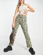 Asos Design Mid Rise Exaggerated Flare Jeans In Lime And Chocolate Zebra Print-multi