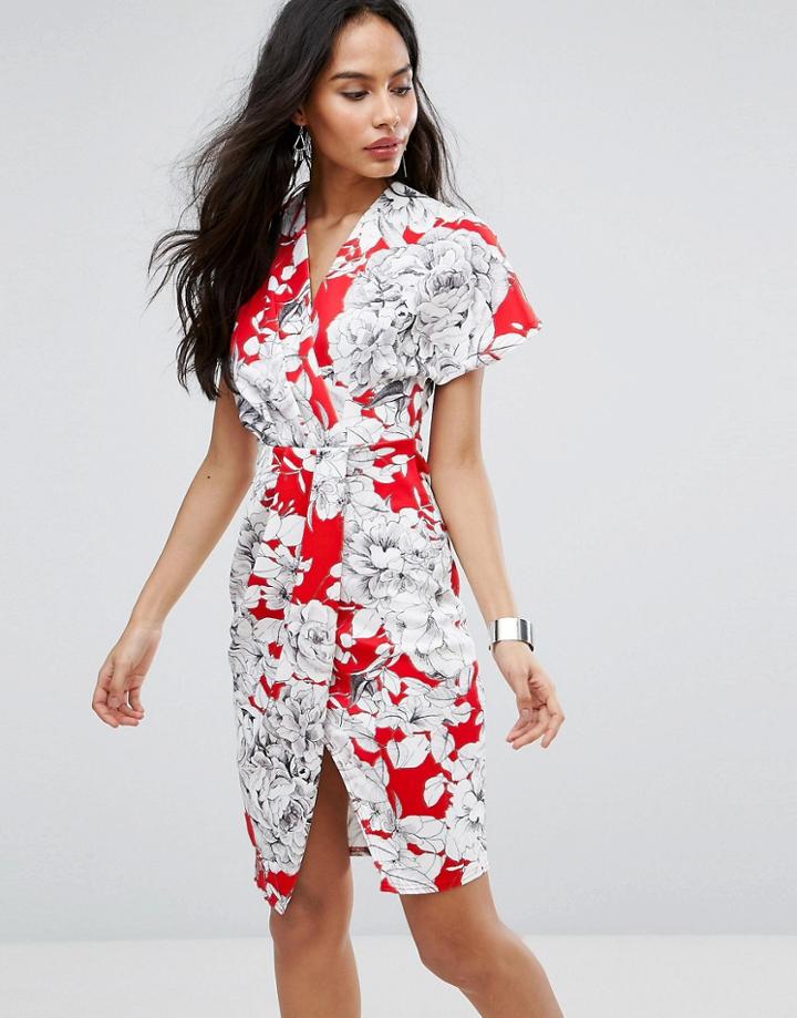 Closet London Floral Midi Wrap Dress - Red