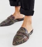 Asos Design Wide Fit Maximum Studded Leather Pointed Mule In Snake