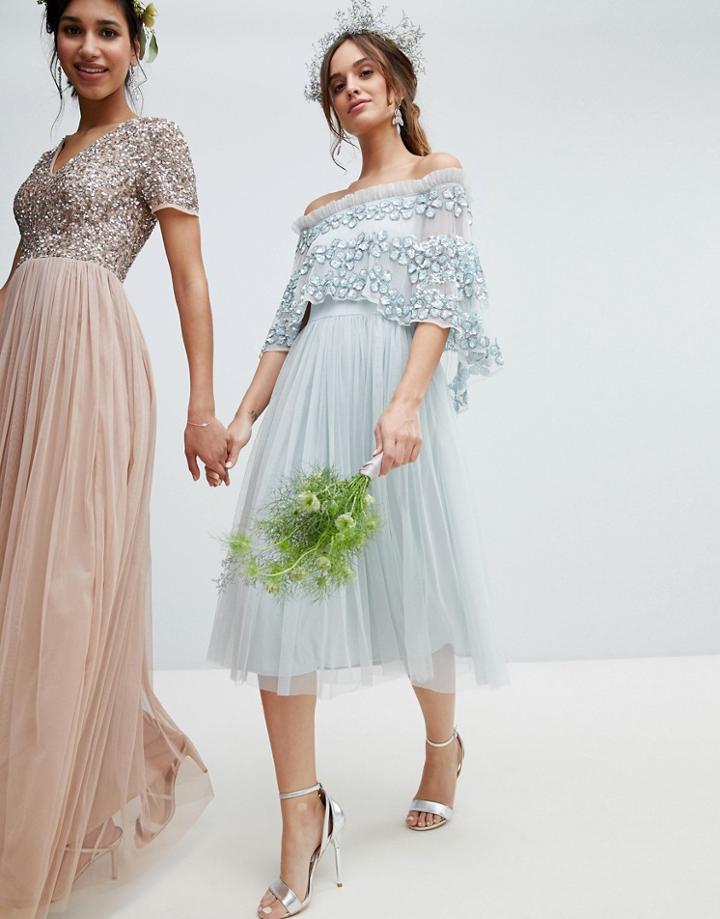 Maya Embellished Bardot Layered Midaxi Dress In Ice Blue - Blue