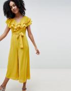 Lost Ink Frill Shoulder Wide Leg Jumpsuit - Yellow