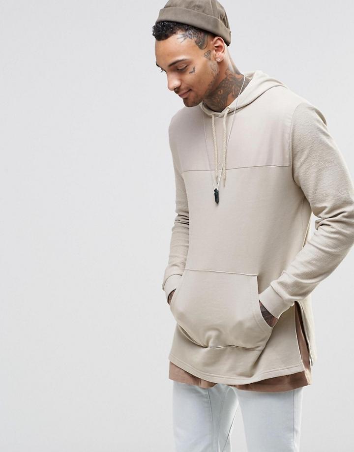 Asos Longline Hoodie With Woven Cut & Sew - Oxford Tan