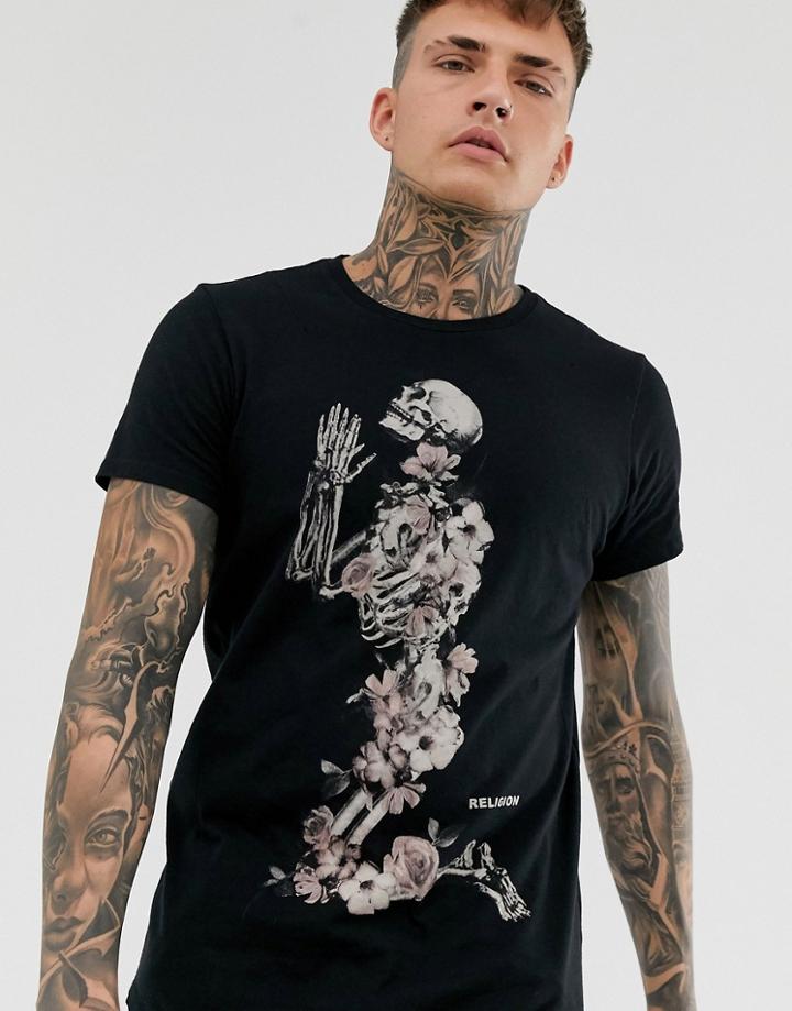 Religion Curved Hem T-shirt With Floral Print In Black - Black