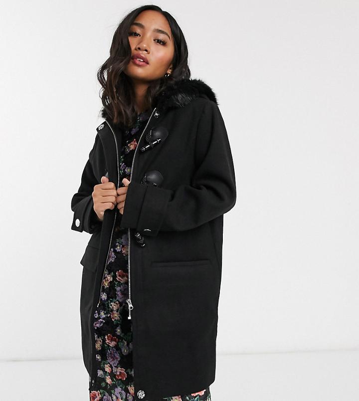 Asos Design Petite Duffle Coat With Faux Fur Trim In Black